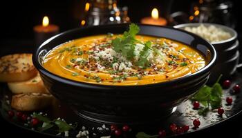 AI generated Freshness and heat combine in a gourmet pumpkin soup meal generated by AI photo