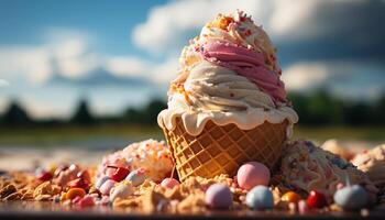 AI generated Sweet ice cream, fresh fruit, and homemade cookies for celebration generated by AI photo