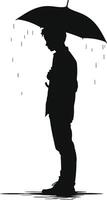 AI generated Silhouette boy with umbrella during drizzle black color only vector