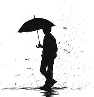 AI generated Silhouette boy or man with umbrella during drizzle black color only vector