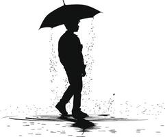 AI generated Silhouette boy or man with umbrella during drizzle black color only vector