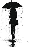 AI generated Silhouette girl with umbrella during drizzle black color only vector