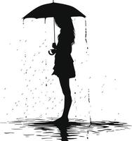 AI generated Silhouette girl with umbrella during drizzle black color only vector