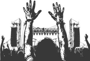 AI generated Silhouette hands raised at a music festival black color only vector