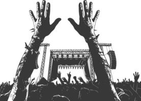 ai generado silueta manos elevado a un música festival negro color solamente vector