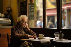 ai generado mayor hombre a café tienda foto