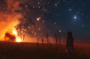 AI generated Girl observes field blaze at night photo