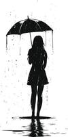 AI generated Silhouette girl with umbrella during drizzle black color only vector