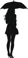 AI generated Silhouette girl with umbrella during drizzle black color only vector