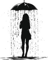 AI generated Silhouette girl with umbrella during drizzle black color only vector