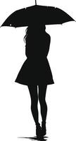 AI generated Silhouette girl with umbrella during drizzle black color only vector