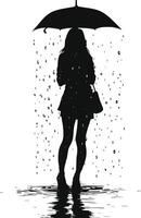 AI generated Silhouette girl with umbrella during drizzle black color only vector