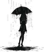 AI generated Silhouette girl with umbrella during drizzle black color only vector