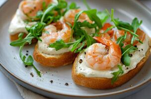 AI generated Shrimp and arugula bruschetta photo