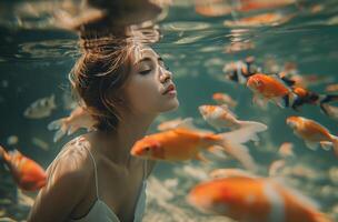 AI generated Woman among koi fish photo