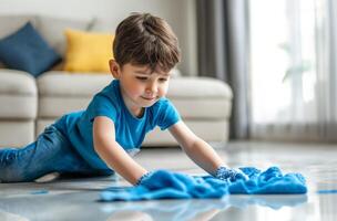 AI generated Young boy cleaning home floor photo