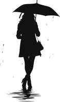 AI generated Silhouette girl with umbrella during drizzle black color only vector