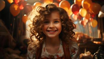 AI generated Smiling girl, happiness, cheerful, cute portrait, joy, curly hair, celebration generated by AI photo