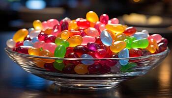 ai generado un grande grupo de vistoso dulces en un vibrante mesa generado por ai foto