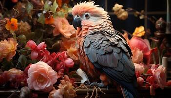 AI generated Vibrant macaw perching on a branch, showcasing nature colorful beauty generated by AI photo