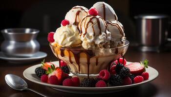 ai generado un refrescante verano postre hecho en casa baya hielo crema con azotado crema generado por ai foto