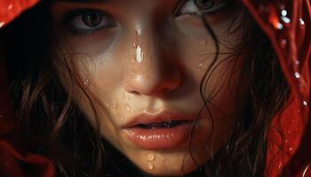 AI generated A wet drop of rain enhances the beauty of a woman generated by AI photo