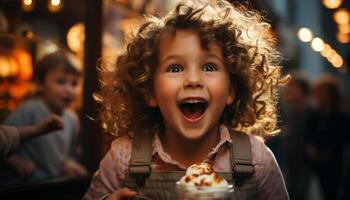 ai generado sonriente caucásico muchachas y Niños disfrutando hielo crema, despreocupado y contento generado por ai foto