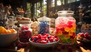 AI generated Freshness and abundance of summer berries on a wooden table generated by AI photo