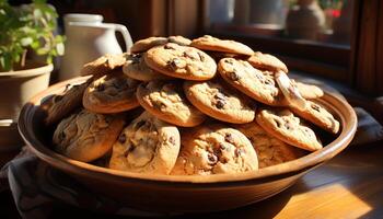 AI generated Freshly baked homemade chocolate chip cookies on rustic wooden table generated by AI photo