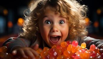 ai generado linda niño jugando, sonriente, mirando a cámara, disfrutando Víspera de Todos los Santos caramelo generado por ai foto