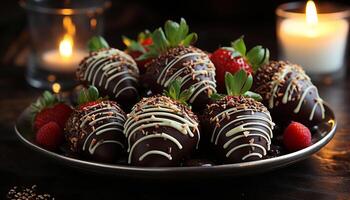 AI generated Indulgent gourmet dessert  dark chocolate dipped strawberry on a plate generated by AI photo