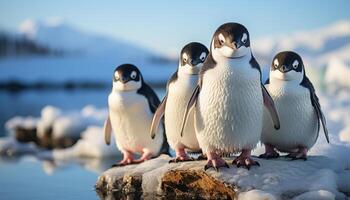 AI generated Gentoo penguins waddling in a row, exploring the tranquil Antarctic generated by AI photo