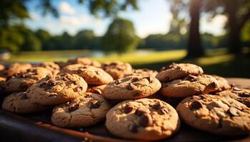 ai generado hecho en casa chocolate chip galletas en rústico de madera mesa, Listo a comer generado por ai foto