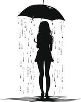 AI generated Silhouette girl with umbrella during drizzle black color only vector