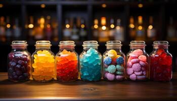 AI generated A colorful collection of sweet treats adorns the wooden table generated by AI photo