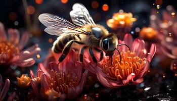 AI generated Insect, nature, bee, animal, macro, flower, pollination, honey bee, pollen, honey generated by AI photo