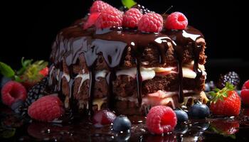 AI generated A decadent slice of chocolate cake with fresh raspberry decoration generated by AI photo