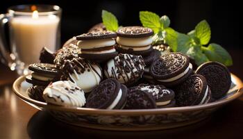 AI generated Indulgent gourmet dessert  dark chocolate macaroon on rustic wooden table generated by AI photo