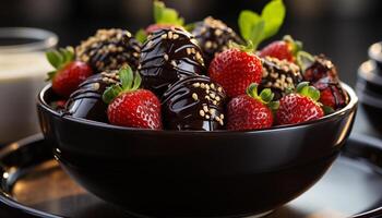 AI generated Freshness and sweetness in a bowl of homemade berry dessert generated by AI photo
