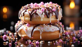 AI generated Indulgent homemade dessert  chocolate donut with creamy icing and candy generated by AI photo