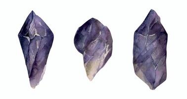 Hand drawn watercolor illustration precious semiprecious jewel gem crystal chakra birth stone. Amethyst fluorite purple. Set of objects isolated white background. Design print, shop, jewelry, fashion vector