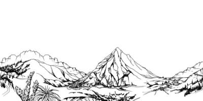 mano dibujado tinta vector ilustración, montaña paisaje paisaje central sur America cactus río tierras de cultivo avión. sin costura bandera aislado en blanco antecedentes. diseño viajar, vacaciones, folleto, impresión