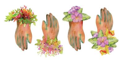 mano dibujado acuarela ilustración primavera jardinería tener puesto, marrón cuero guantes con flores, hojas. conjunto de objetos aislado en blanco antecedentes. diseño imprimir, comercio, álbum de recortes, embalaje, decoupage vector