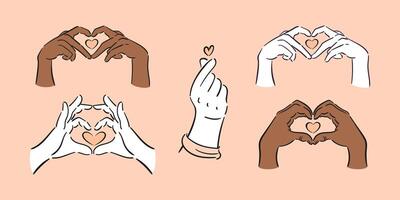 Set of hand gestures. Finger Heart. Happy Valentines Day. gesture depicting love. Vector illustration in a sketchy minimalistic style. For posters, postcards, website, banners, design. Peach Fuzz.