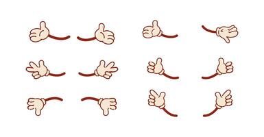 Set of vintage hand gestures for a character. Retro cartoon style. Like, peace, open palm. For stickers, design elements. Cartoon human palms and wrist. Emoji for messengers vector