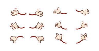 Set of vintage hand gestures for a character. Retro cartoon style. Like, peace, open palm. For stickers, design elements. Cartoon human palms and wrist. Emoji for messengers vector