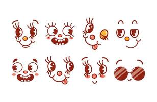 Set of vintage faces with different character emotions. Retro cartoon style. Smiling, winking, cool in sunglasses, joyful, cunning. For stickers, design elements. Emoji for messengers. vector