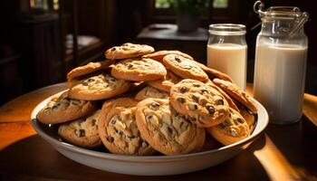 AI generated A stack of homemade chocolate chip cookies on a rustic table generated by AI photo