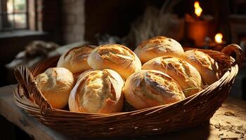 AI generated Freshly baked bread in a rustic basket on a wooden table generated by AI photo