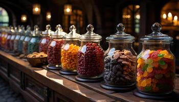 AI generated A sweet food collection, a large group of candy jars generated by AI photo
